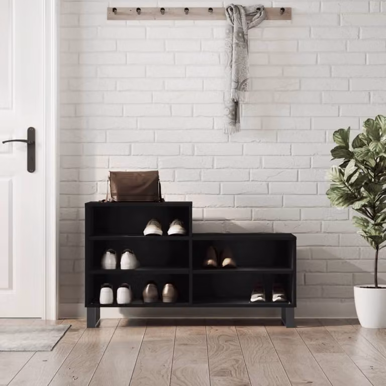 Scarpiera moderna vidaXL nera con ripiani piatti in legno e metallo, da appendere a parete, L 102 x P 36 x H 60 cm