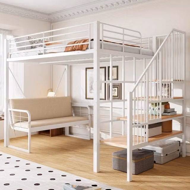 Letto a castello MIVRAY bianco con divano imbottito removibile, scala contenitore in metallo e MDF, L/P/H: 251.5 x 140 x 200 cm
