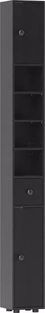 Colonna contenitore armadio alto per bagno kleankin con 1 cassetto, 4 ripiani regolabili e 2 ante, nero, L/P/H: 20 x 20 x 180 cm