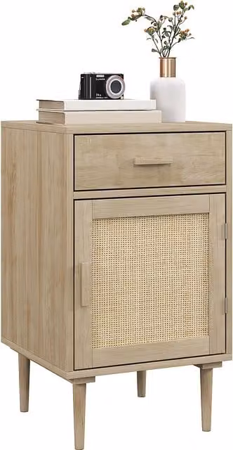 Comodino HOMCOM con armadio e ripiano in rattan intrecciato, design bohémien, colore beige e marrone, L/P/H: 40 x 40 x 68,5 cm