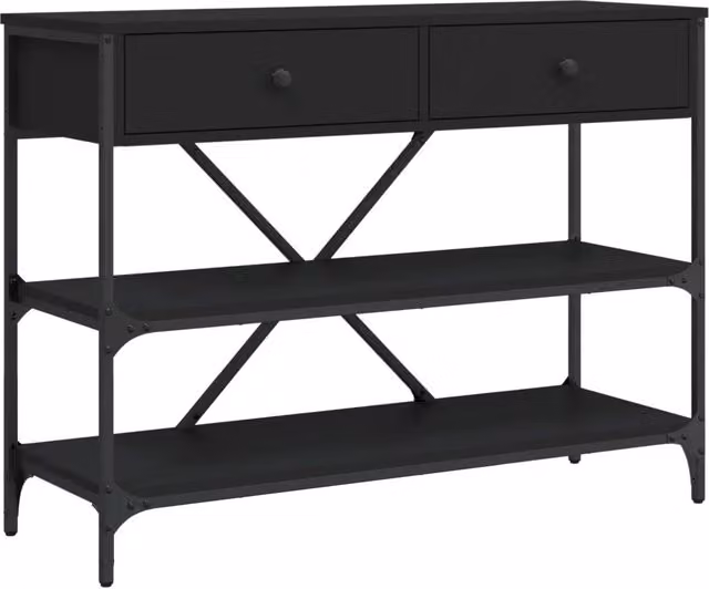 Tavolino Consolle Rettangolare Design In Nero con Ripiani in Legno e Metallo L: 100 cm, P: 34,5 cm, H: 75 cm