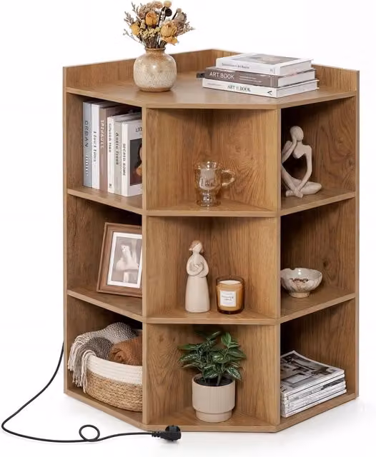 Libreria angolare a 3 livelli in legno marrone con stazione di ricarica e prese integrate DESIGN IN H 86,0 cm x L 51,0 cm x P 71,5 cm