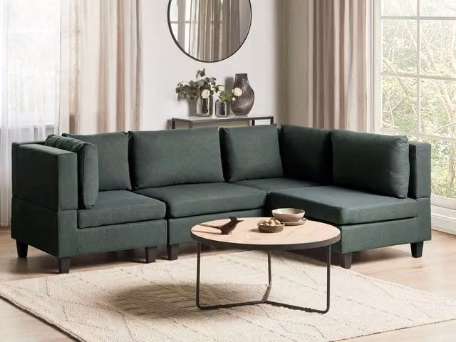 Divano componibile a 4 posti BELIANI in tessuto verde scuro con ottomana, stile moderno, lato sinistro, L/P/H: 228 x 152 x 77 cm