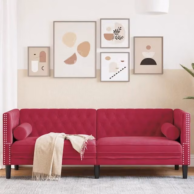 Divano Chesterfield a 3 posti vidaXL in velluto rosso con cuscini inclusi L: 194 cm, P: 74,5 cm, H: 70,5 cm