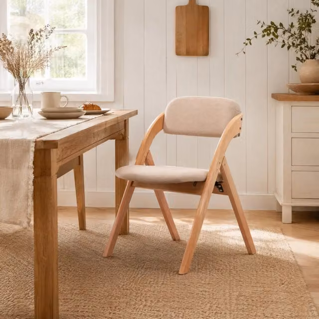 Set di 2 sedie pieghevoli Mivray in legno di faggio color sabbia e beige con seduta imbottita in tessuto scandinavo per cucina e sala da pranzo