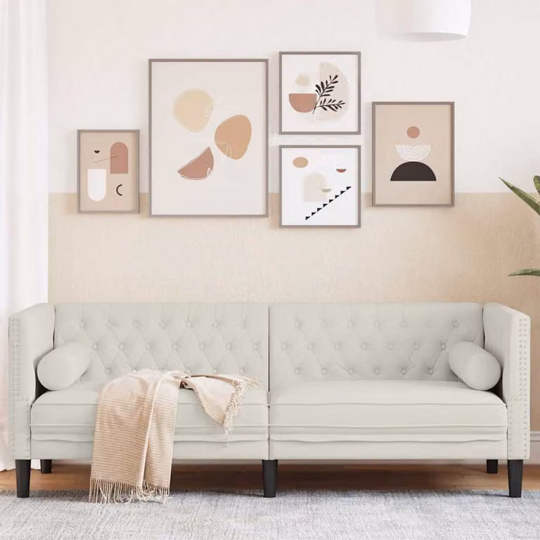 vidaXL Divano Chesterfield a 3 posti in velluto beige con cuscini coordinati L: 194 cm, P: 74,5 cm, H: 70,5 cm