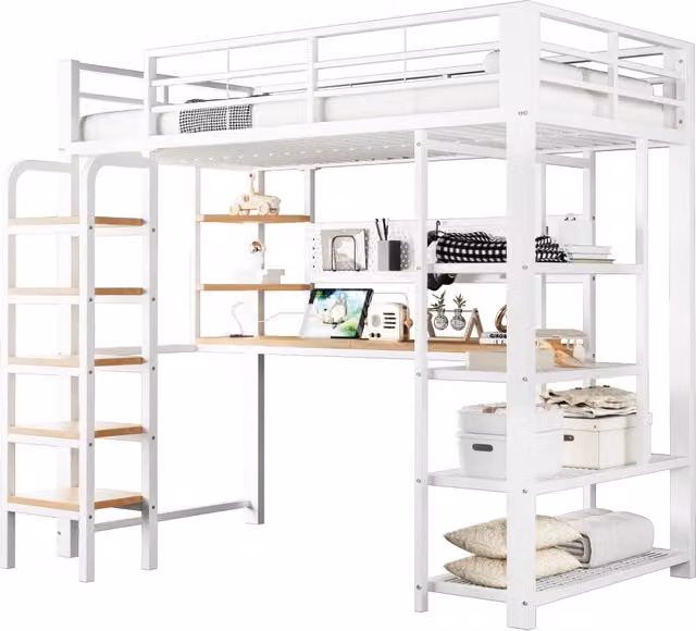 Letto a soppalco REDOM in metallo e MDF bianco con scrivania, illuminazione LED e porte USB, L/P/H: 205.4 x 90 x 172.5 cm