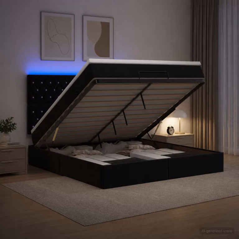 Letto Ottomano vidaXL in Velluto Nero con Materasso Ibrido e Illuminazione LED sotto il letto L: 180 cm, P: 200 cm, H: 88 cm