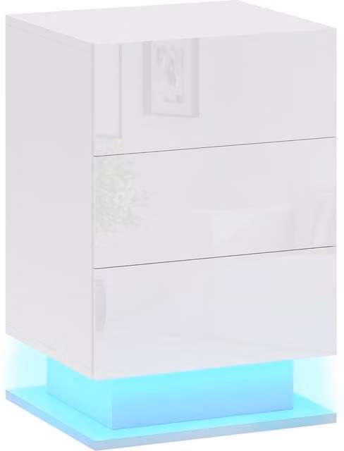 Comodino Moderno HOMCOM con Luce LED Regolabile e Telecomando, 3 Cassetti, Bianco Lucido, L 40 cm x P 35 cm x H 60 cm