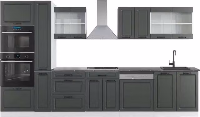 Mobile da cucina Vicco R-Line Antracite e Bianco con armadio alto e ante in vetro, L: 350 cm, H: 206,8 cm, P: 60 cm