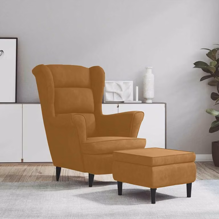 vidaXL Poltrona Wingback in Velluto Marrone con Poggiapiedi Integrato L: 96,5 cm, P: 78,0 cm, H: 90,0 cm