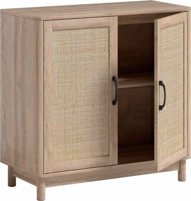 Buffet HOMCOM per soggiorno in rovere con ante in rattan e mensola regolabile, L: 76 cm, P: 35 cm, H: 75,5 cm