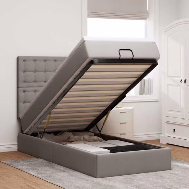 Letto con Pouf e Materasso a Molle vidaXL in Tessuto Beige e Grigio con Base a Sollevamento, Illuminazione Sotto il Letto e Porte USB, L/P/H: 203 x 80 x 140 cm