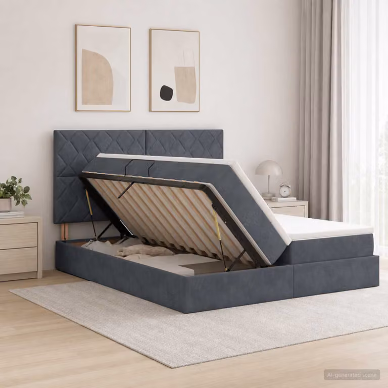 Letto con contenitore vidaXL in tessuto grigio con illuminazione LED e porte USB, comprensivo di materasso ibrido, L/P/H: 180 x 200 x 128 cm