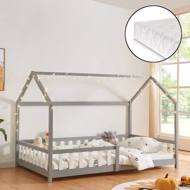 Letto Francese Hesel en.casa per Cameretta a Forma di Casetta con Materasso in Grigio, L/P/H: 200 x 140 x 146 cm