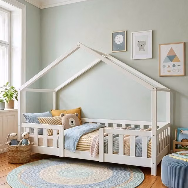 Letto per cameretta Treviolo a forma di casetta in stile Montessori con materasso en.casa, colore bianco, L/P/H: 160 x 80 x 121 cm