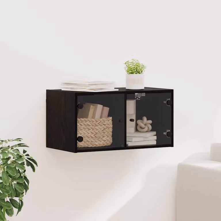 Armadietto a muro moderno vidaXL con ante in vetro e ripiani interni, nero opaco, L 68 cm x P 37 cm x H 35 cm