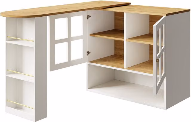 Credenza da cucina moderna Aosom con ripiani girevoli a 360 gradi e ante in vetro, Bianco, L: 138-204 cm, P: 39 cm, H: 102,5 cm