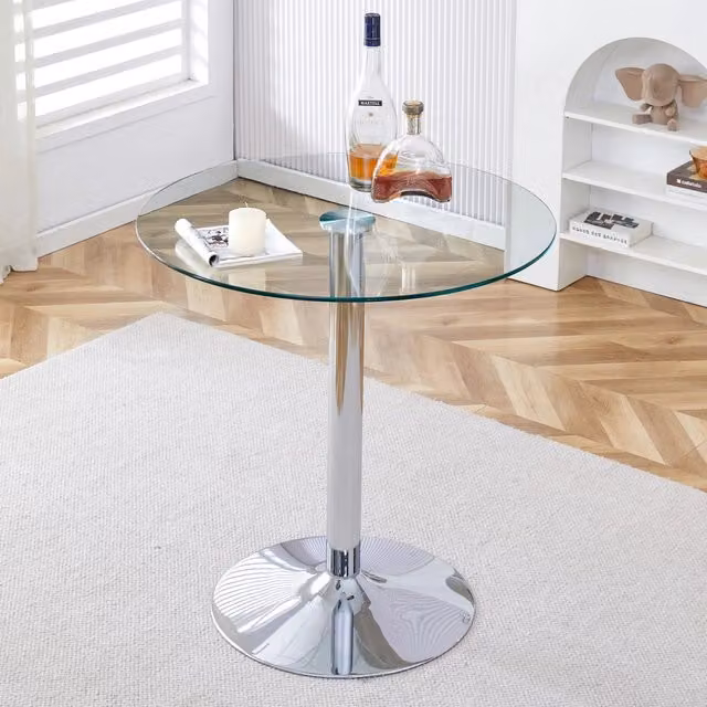 Tavolo da bistrot rotondo OKWISH con piano in vetro trasparente e base in metallo argento, Diametro: 89 cm, Altezza: 92 cm