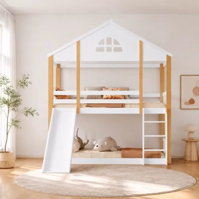 Letto a castello Mivray per bambini in legno bianco e pino con scala angolare e scivolo L/P/H: 205.5 x 120 x 175.5 cm