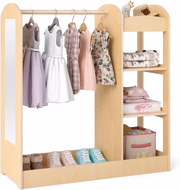 Armadio per bambini Design Mania in legno naturale con specchio, appendiabiti e scaffali, stile scandinavo, colore marrone e beige, H: 93.5 cm, L: 76 cm, P: 38 cm