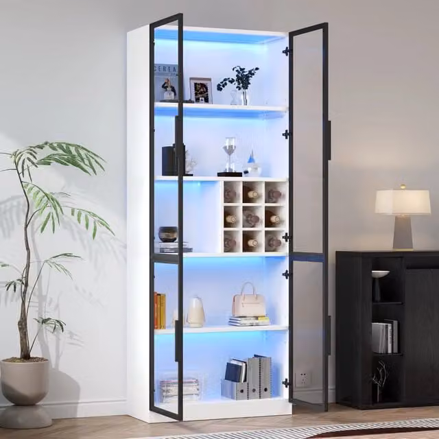 Vetrina alta WISHDOR con ante in vetro, illuminazione integrata e portabottiglie, bianca, L: 80 cm, P: 35 cm, H: 200 cm