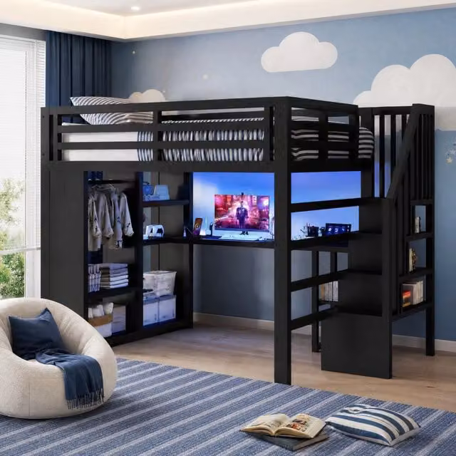 Letto a soppalco Mivray in metallo nero con scrivania, armadio, scala contenitore, illuminazione LED e porta di ricarica USB, L/P/H: 200 x 140 x 251 cm