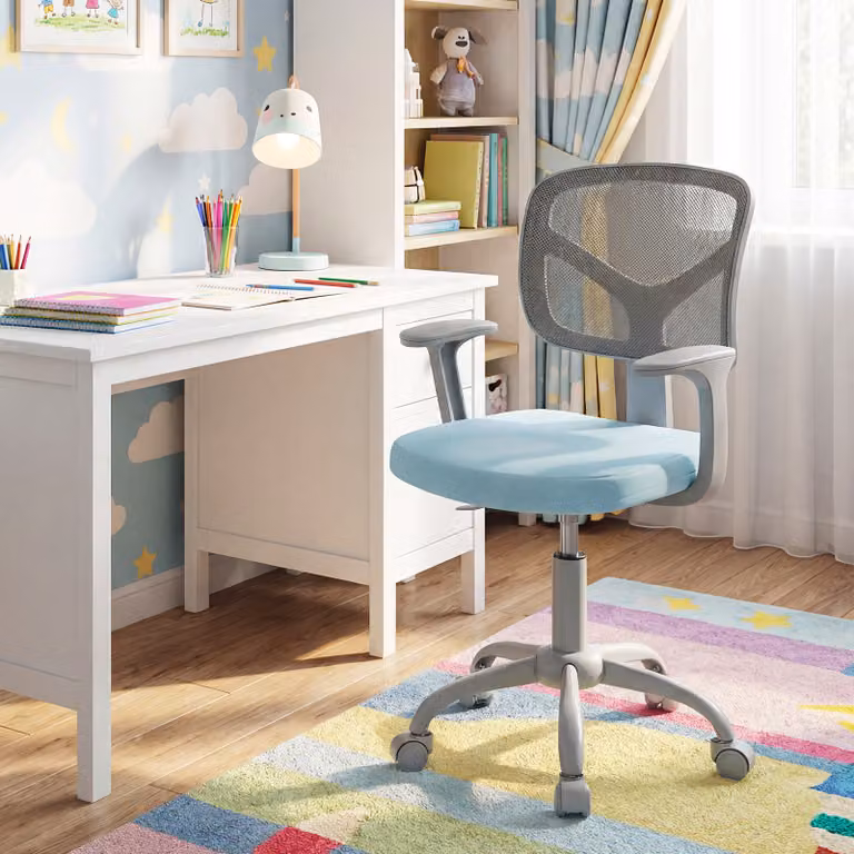 Sedia da scrivania girevole per bambini Costway, modello moderno con braccioli e seduta in tessuto blu chiaro