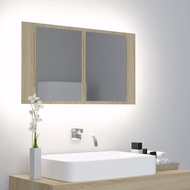 Armadietto a specchio da bagno vidaXL con luci LED, design moderno in legno Rovere, L: 45 cm, P: 12 cm, H: 80 cm