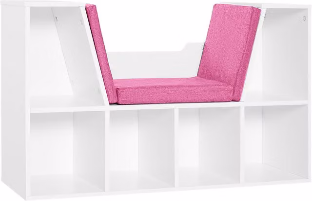 Libreria Panca 2 in 1 HOMCOM con 6 scomparti e 3 cuscini, Design Contemporaneo per Cameretta Bambini, Bianco Rosa, L 102 x P 30 x H 61 cm