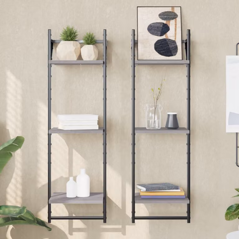 vidaXL Set di 2 Mensole a Parete con Aste in Legno e Metallo, Grigio, L 30 cm x P 25 cm x H 100 cm