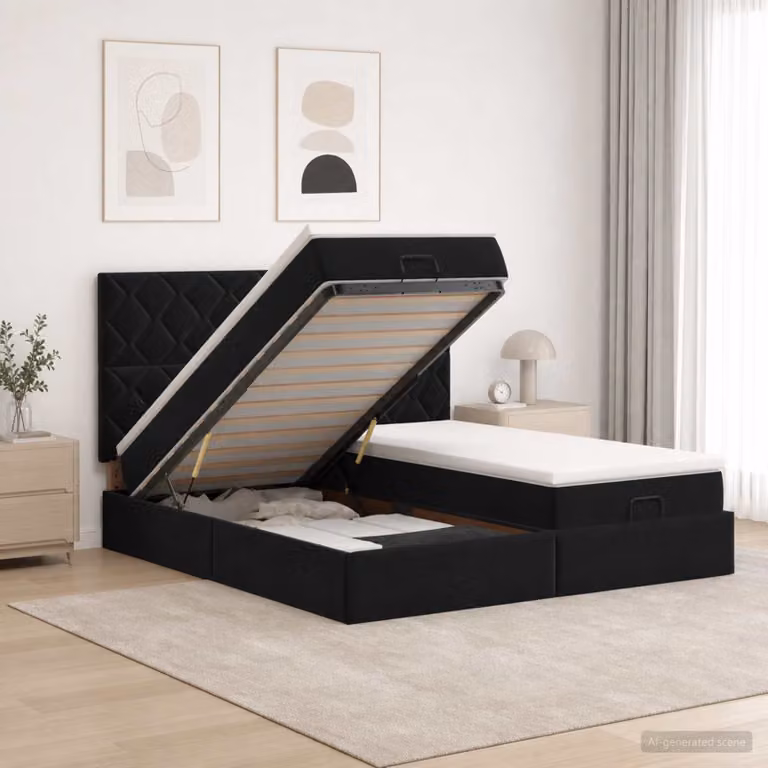 Letto ottomano con materasso e testiera vidaXL in velluto nero, L/P/H: 203 x 160 x 88 cm