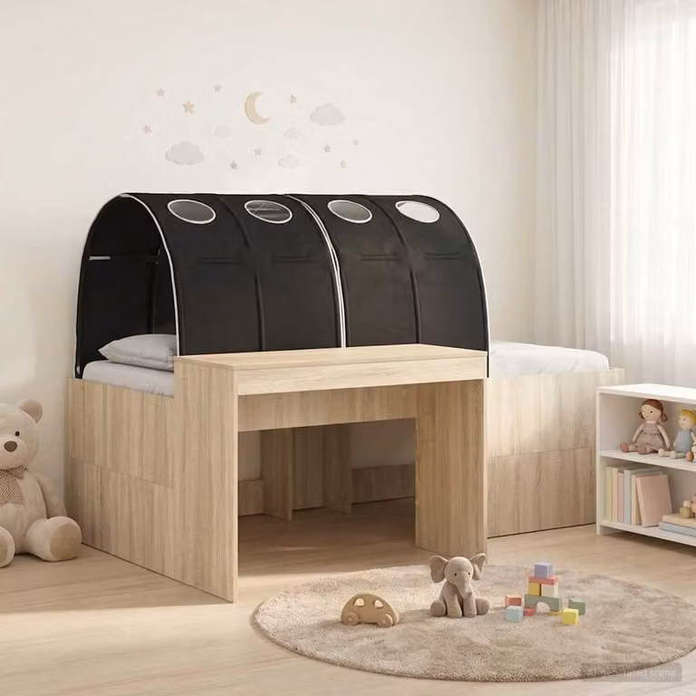 vidaXL Letto per bambini con tunnel in legno ingegnerizzato, Rovere e Nero, L/P/H: 200 x 140 x 142 cm
