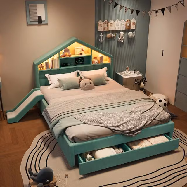 Letto a casetta Mivray per bambini in velluto petrolio con scivolo reversibile, vano estraibile, illuminazione LED, porta di ricarica USB e mensola L/P/H: 213 x 140 x 200 cm