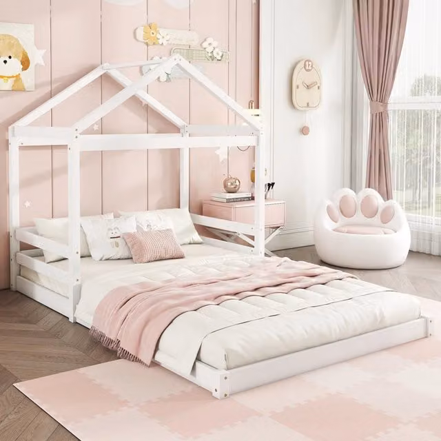 Letto Casetta per Bambini MINIMAL in Legno di Pino Bianco con Rete a Doghe L/P/H: 200 x 140 x 151 cm