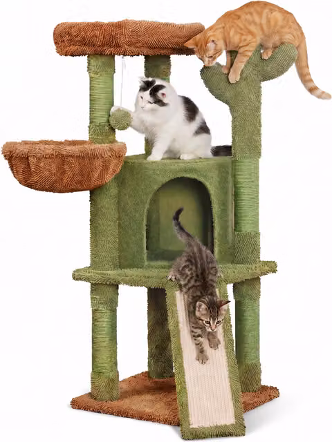 Albero Tiragraffi per Gatti Puppy Lovers a Forma di Cactus Verde e Marrone in Sisal con Casetta, Cuccia a Cestino e Giocattoli, Altezza: 106,5 cm