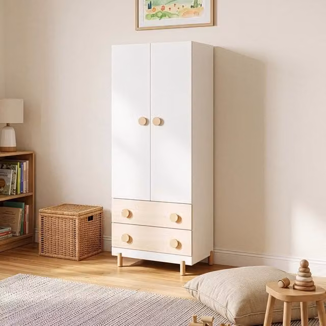 Armadio per camerata Vaarentaa en.casa con 2 ante e 2 cassetti, Bianco/Effetto Rovere, H: 156 cm, L: 60 cm, P: 41 cm