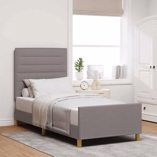 Letto con testiera e giroletto Talpa imbottito in tessuto beige o grigio L/P/H: 90 x 190 cm