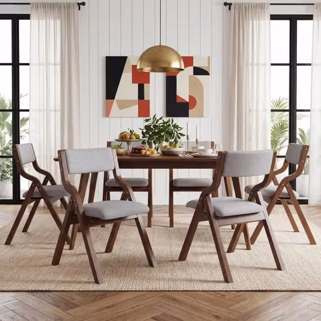 Set di 6 sedie pieghevoli REDOM in legno massello e lino grigio per sala da pranzo e soggiorno