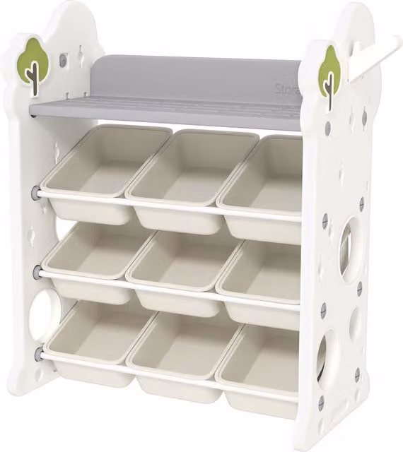 Scaffale Portagiochi AIYAPLAY a 4 Livelli con 9 Contenitori e Gancio Laterale, Bianco Crema, L 77 cm x P 42 cm x H 94 cm