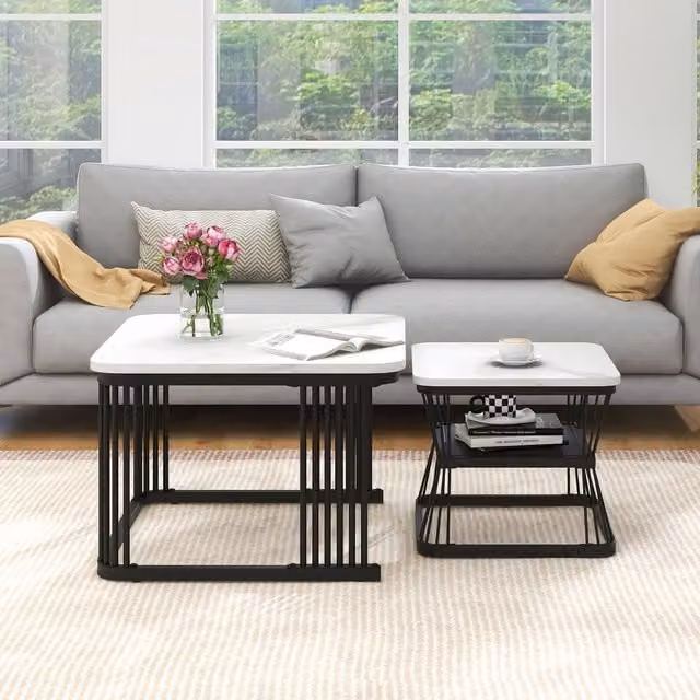 Set di 2 Tavolini Moderni Aosom con Piano Quadrato Effetto Marmo e Struttura in Metallo, Bianco e Nero