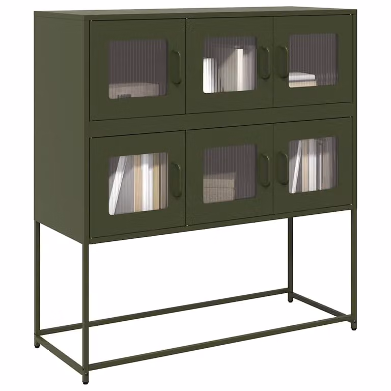 Credenza in stile industriale vidaXL verde opaco con ante in vetro e struttura in metallo L/P/H: 100,5 x 39 x 107 cm