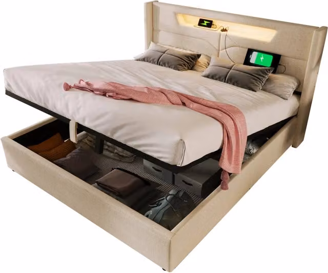 Letto Matrimoniale Contenitore Moderno Beige con USB, Tipo C e Illuminazione LED, L/P/H: 140 x 200 x 148 cm