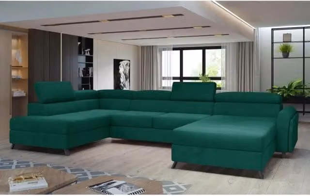 Divano panoramico a L Meublorama CLOTIS Verde, 5 posti con angolo sinistro, funzione letto e poggiapiedi coordinato