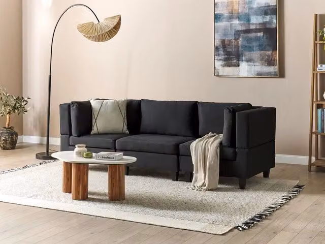 Divano Componibile Beliani in Tessuto Nero con Coperture Rimovibili, Stile Moderno, L: 228 cm, P: 76 cm, H: 72 cm
