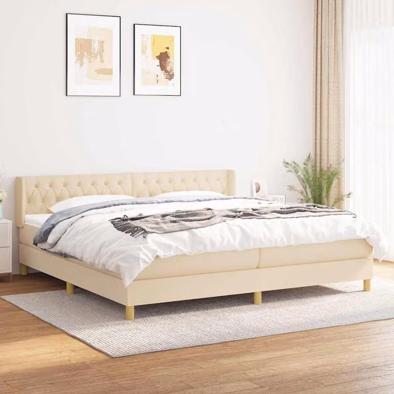 vidaXL Giroletto a Molle con Materasso Ibrido in Tessuto Beige e Bianco L/P/H: 160 x 200 x 88 cm