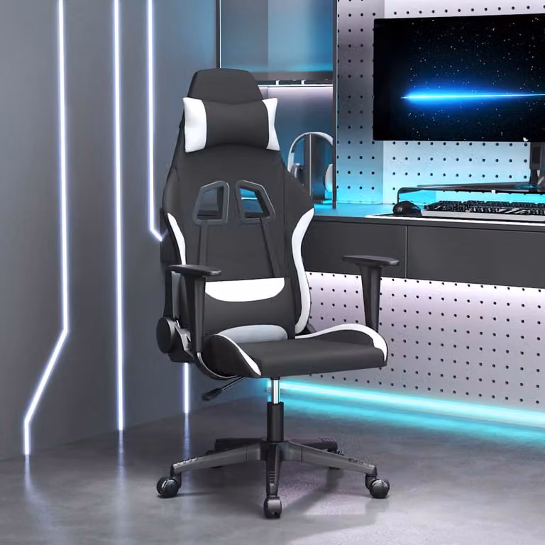 Sedia da Gaming vidaXL per Adulti in Tessuto e Finta Pelle, Multicolore Nero e Bianco con Braccioli e Ruote, Girevole a 360 Gradi