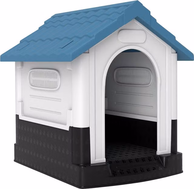 Cuccia per cani piccoli da esterno PawHut in plastica blu con base rialzata e finestre, L: 64,5 cm, P: 57 cm, H: 66 cm
