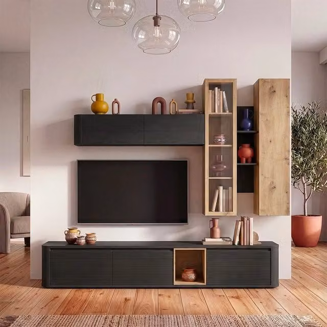Parete attrezzata soggiorno Core Veriaffari con porta TV, pensili e vetrine in rovere e nero