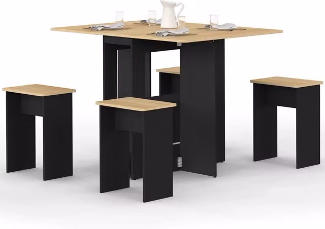 IDMarket Consolle pieghevole EDI in legno nero con piano in faggio ed estensione butterfly per 2-4 persone con 4 sgabelli